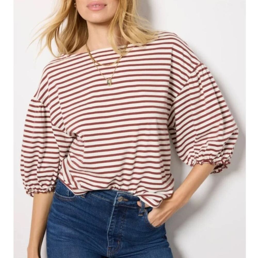 Nation LTD Organic Cotton Striped Puff Sleeve Top Large Burgundy Cream NWT